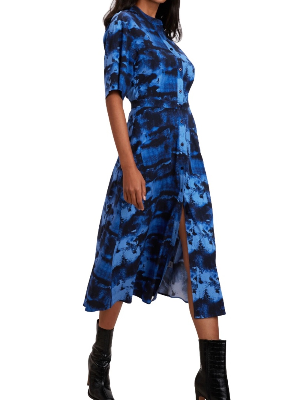 THE KIT Cobie Women's Sz 6 Midi Shirtdress Indigo Ink Blue Watercolor Abstract